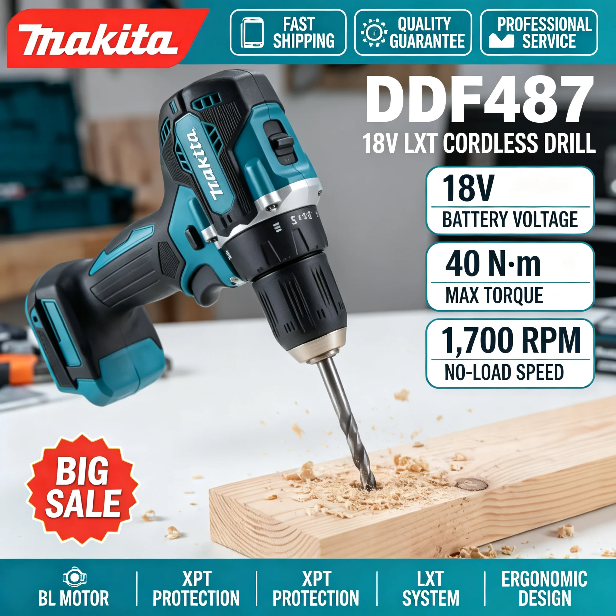 Brushless Cordless Electric Drill 18V - Trapano a batteria Makita DDF487 18V,