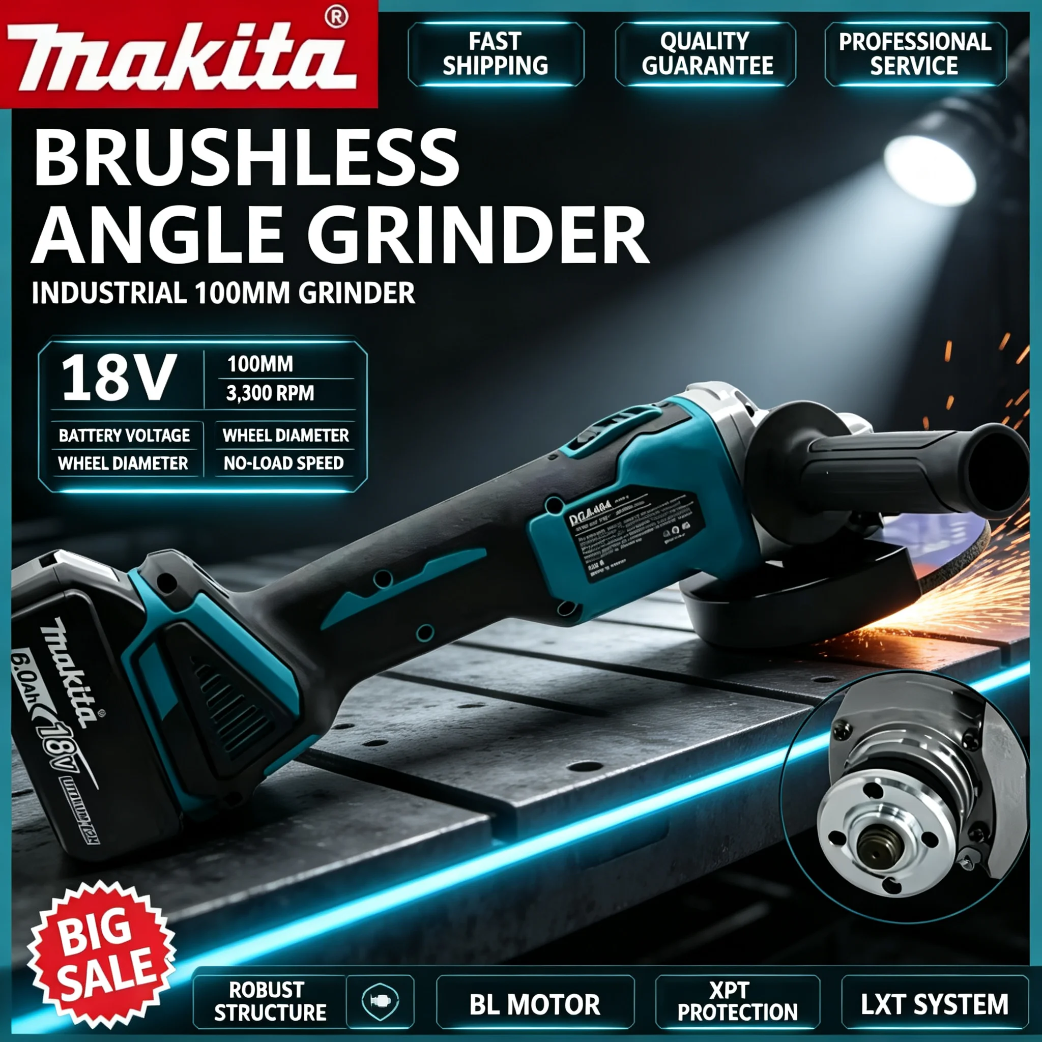 Brushless Angle Grinder Battery Powered - Smerigliatrice angolare Makita DGA404 senza spazzole,